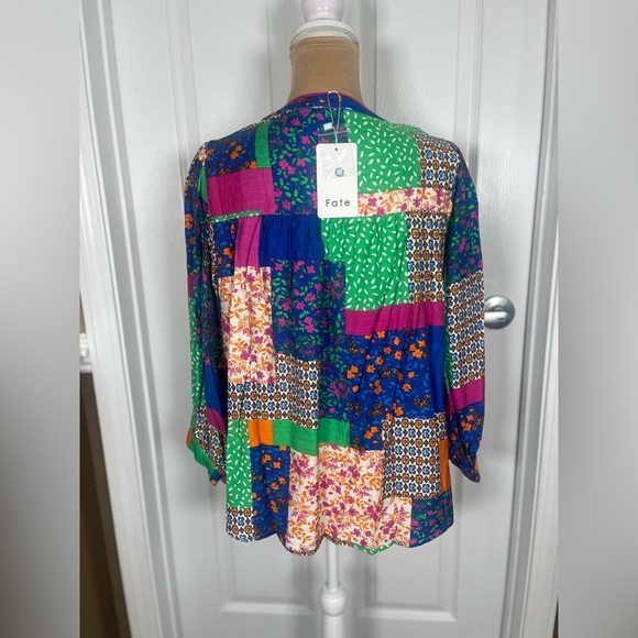 Fate Multicolor Patchwork Women's 3/4 Sleeve Top Size Medium NWT - Picture 8 of 13